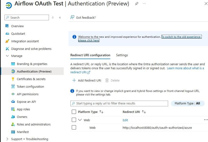 Azure AD app registration authentication settings