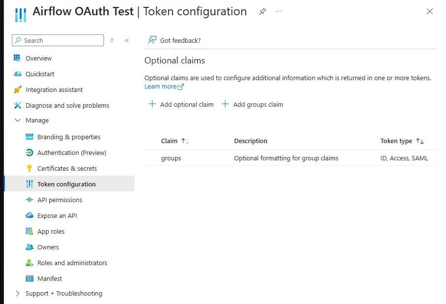 Azure AD token configuration with group or role claims enabled