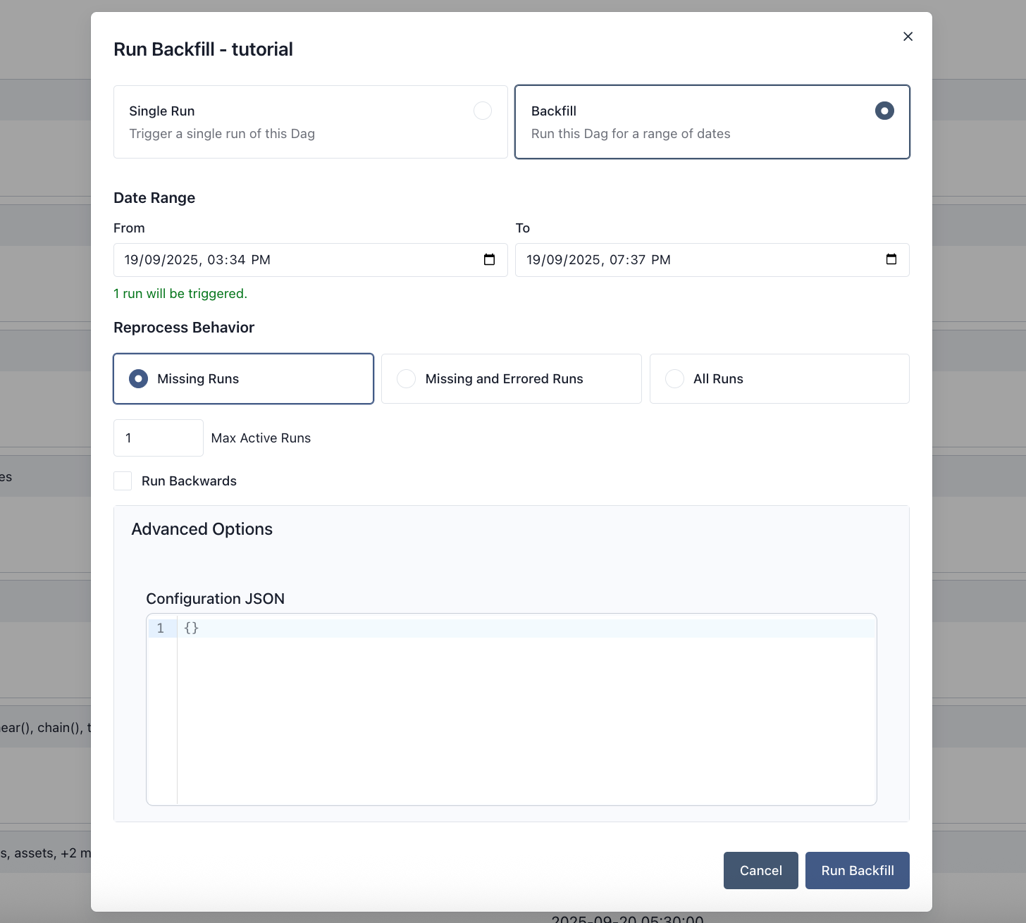 Backfill pop-up window (Light Mode)