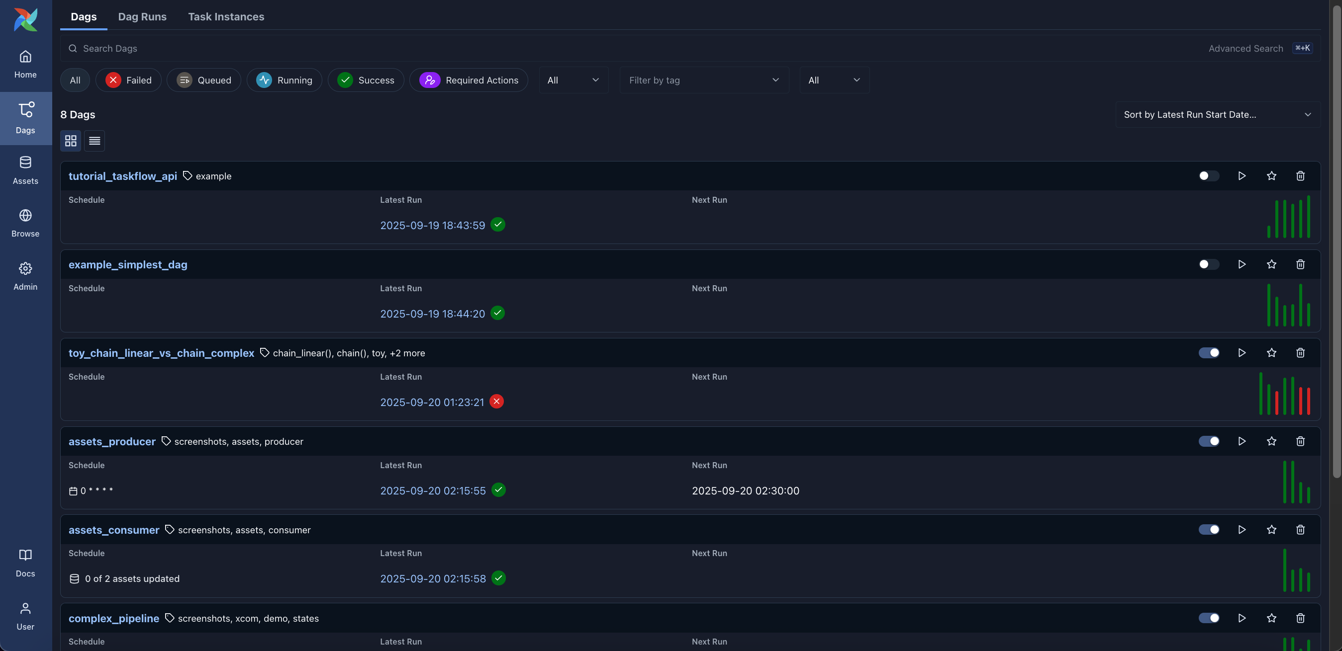 Dag List View in dark mode showing search, filters, and Dag-level controls