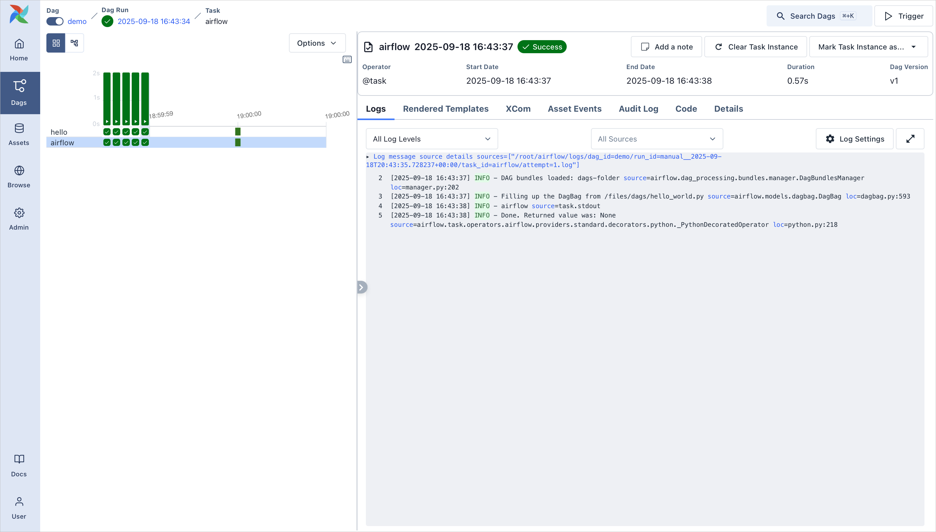 Demo Dag in the Grid View, showing the status of all Dag runs, as well as logs for a task instance